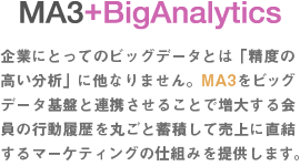 MA3+BigAnalytics 企業にとってのビッグデータとは「精度の高い分析」に他なりません。MA3をビッグデータ基盤と連携させることで増大する会員の行動履歴を丸ごと蓄積して売上に直結するマーケティングの仕組みを提供します。